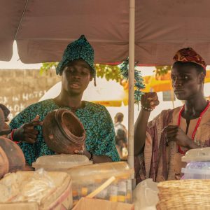 traditional market scene with african pottery