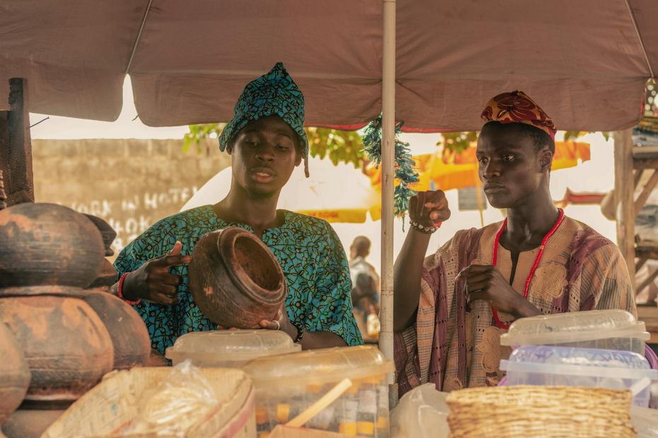 traditional market scene with african pottery